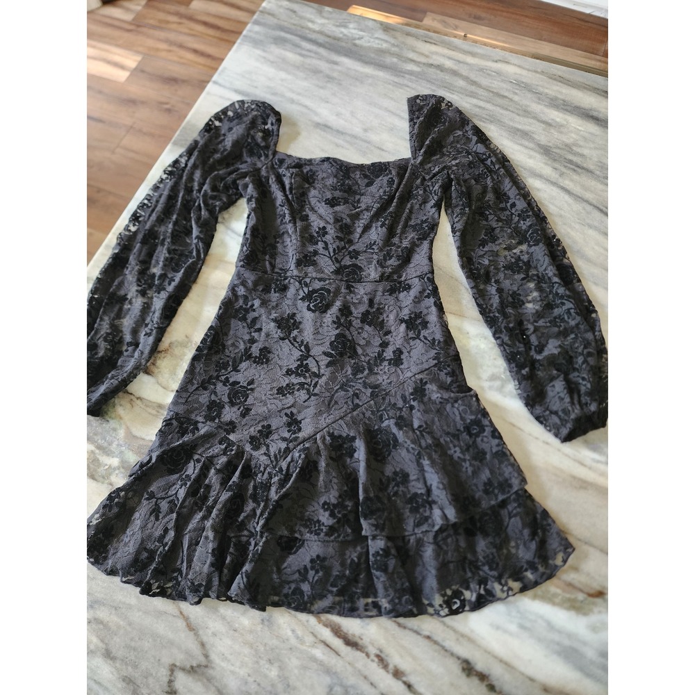 Black Floral‎ Lace Square Neck Puff Sleeve Ruffle Mini Dress Small LBD